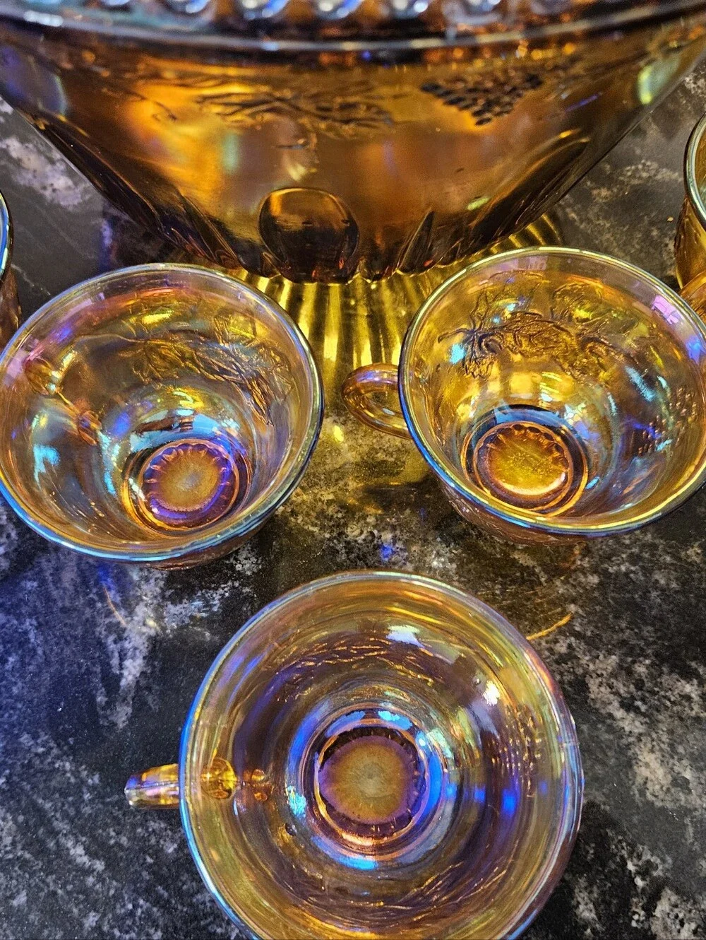 Vintage Indiana Glass Harvest Grape Punch Bowl Set -Iridescent Marigold Carnival